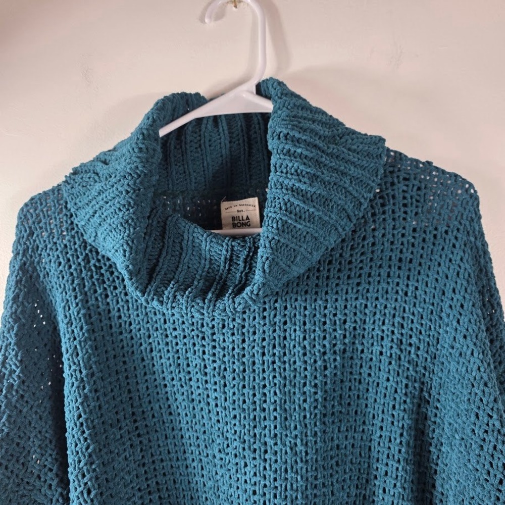 Billabong Teal Blue Sz‎ Med Chunky Knit Cowl Neck Sweater Cropped